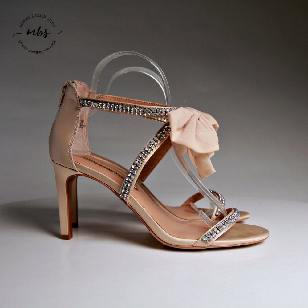Audrey Brooke Cinderella Rhinestone Satin‎ Bow Heels in Champagne